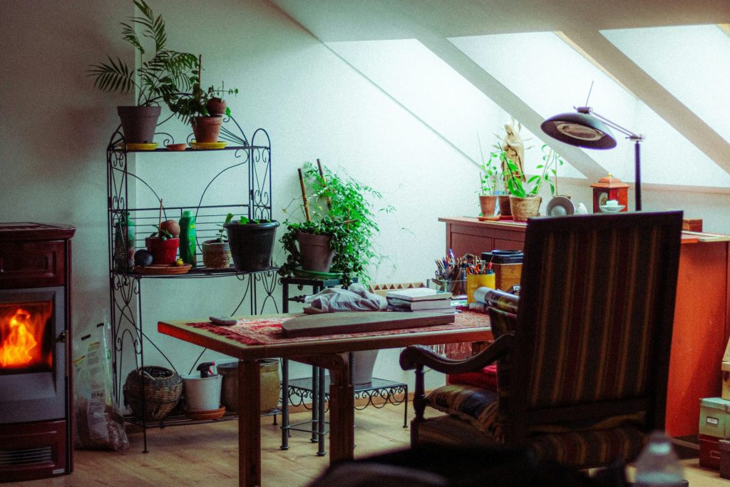 Acogedora habitación con escritorio, plantas y chimenea.